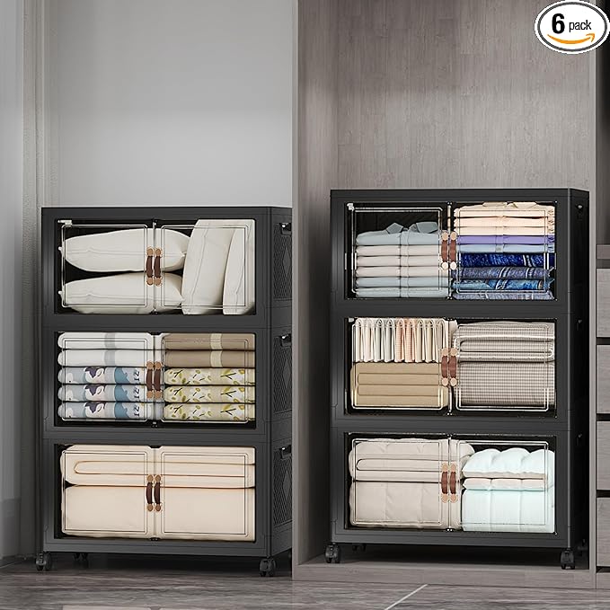 Stackable Storage Bins with Lids, 960QT Closet Organizers and Storage with Doors and Wheels, Extra Large Storage Cabinet, Collapsible Plastic Drawers for Bedroom Dorm Office Garage