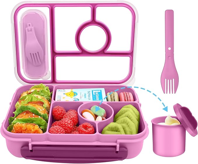 Lunch Box Kids,Bento Box Adult,Lunch Containers for Adults/Kids/Toddler,5 Compartments Bento Lunch Box with Sauce Vontainers,Microwave & Dishwasher & Freezer Safe(Purple)