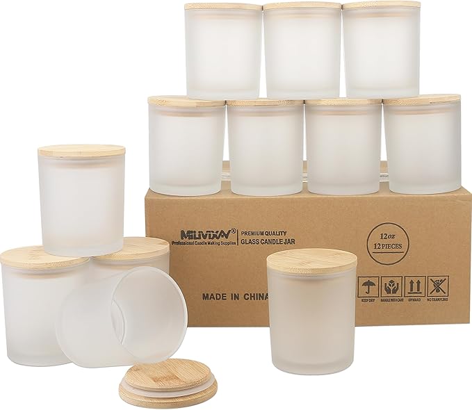 MILIVIXAY 12Pack 12 OZ Frosted White Thick Glass Candle Jars with Lids - Bulk Empty Candle Jar for Making Candles - Spice, Powder Containers.
