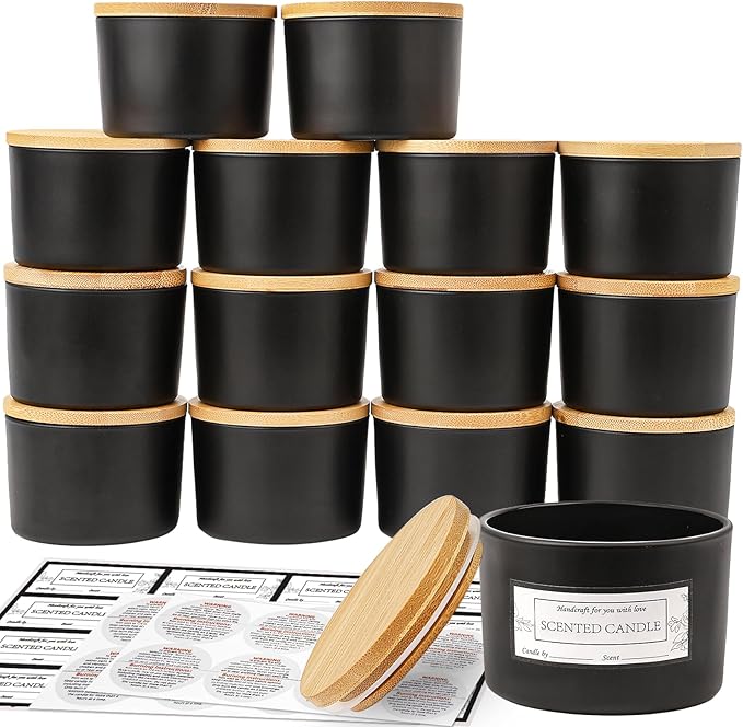 CONNOO 15 Pack 4 OZ Matte Black Glass Candle Jars with Airtight Bamboo Lids for Making Candles, Bulk Small Wide Mouth Empty Candle Containers with Sticky Warning Labels - Dishwasher Safe
