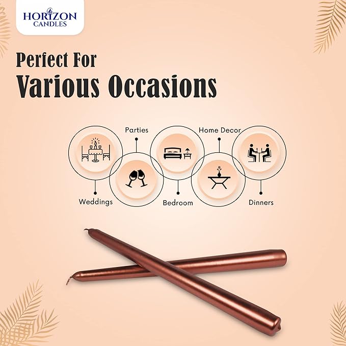 Horizon Unscented 10-Piece Taper Candle Set – 9 Hours Burning Time Smokeless & Dripless Candles for Centerpieces at Wedding, Holiday Dinners, Festive Parties and Home Decor - Metallic Copper