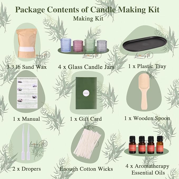 LAMORGIFT Pearled Candle Making Kit- Sand Wax Gift Set- 3.3LB Candle Sand with Wicks, 4 Pcs Glass Candle-Jars with Plastic Tray, 40ml Fragrance Oils Accessories for DIY Scented Candles & Home Decor