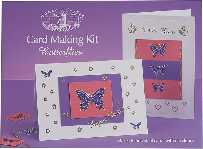 Card Making Butterflies Mini Kit, Starter Hobby Set, Unique Gift Idea with 6 Cards and Envelopes, Peel Off Motifs and Greetings, PVA Glue and Patterns, for Birthdays, Invitations