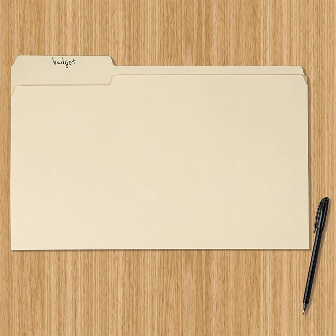 Amazon Basics Sturdy Manila File Folders, 1/3 Tabs in Assorted Positions for Filing and Easy Labeling, Legal Size, 8.5 x 14 inch, 100-Pack