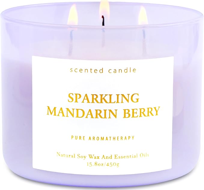 Large Sparkling Mandarin Berry Scented Candle for Home - 3 Wick Soy Candles 15.8oz, Fresh Citrus Aromatherapy Candle, Long Lasting Clean Burning, Uplifting Gift for Women & Men