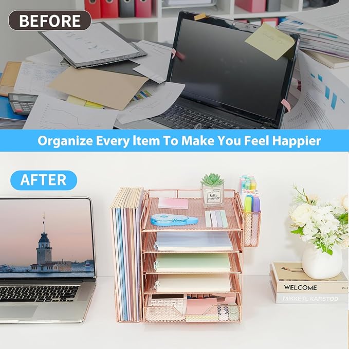 Desk Organizer, 5-Tier Paper Letter Tray Organizer with File Holder, Drawer and Pen Holder, Desktop Organizer for Office Supplies, Rose Gold