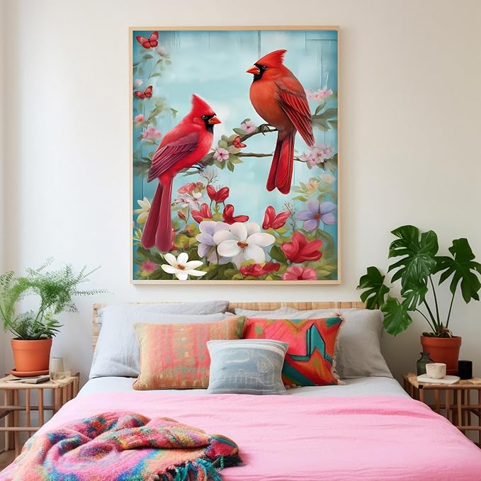GUAIEUW Red Bird Bouquet Diamond Painting Kit for Adults, Full Round Diamond Cardinal Bird 5D Diamond Painting DIY Art Crafts for Winter Home Wall Decor Holiday Gift 18x24 Inch