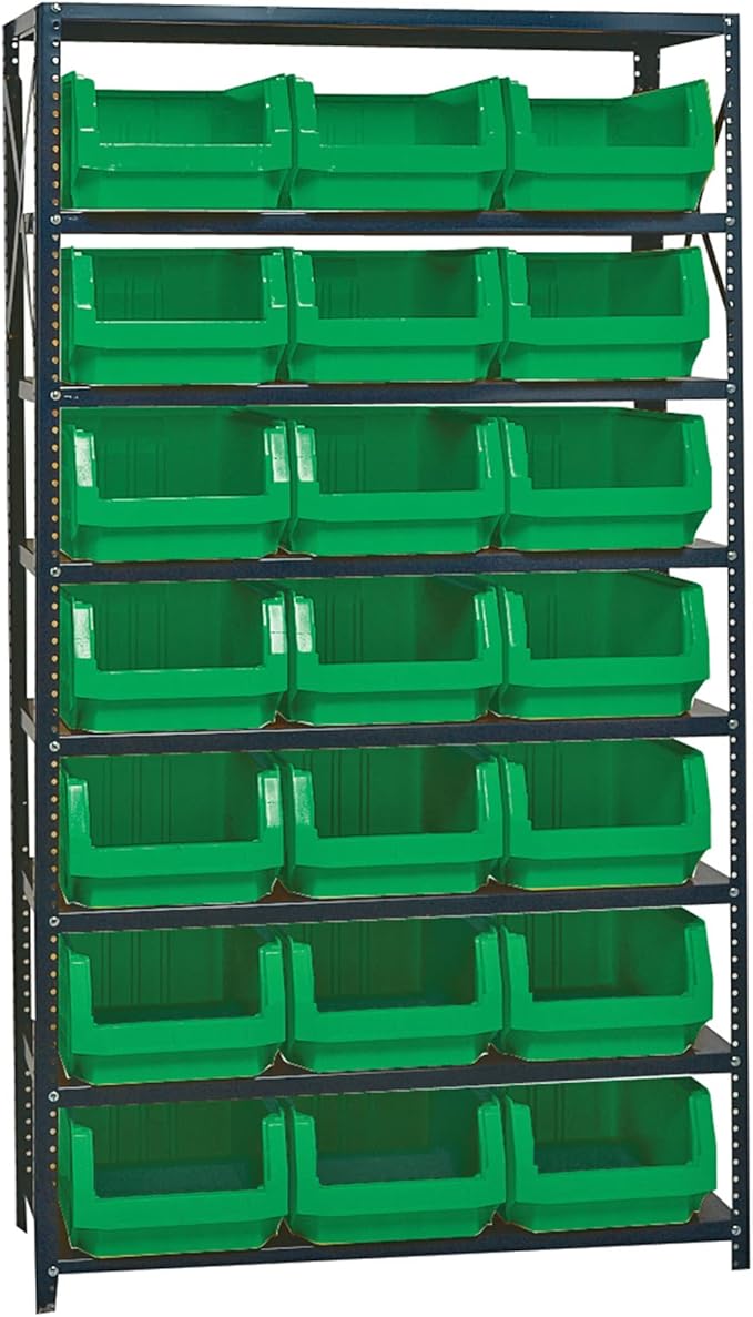 Quantum MSU-532GN Heavy-Duty Modular Magnum Steel Shelving Storage Rack Unit for Manufacturing Healthcare Distribution | (8) Shelves; (21) QMS532 Green Bins | 42"W x 18"D x 75"H, Gray, Carbon Steel