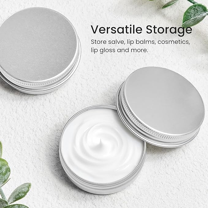 TUZAZO 24Pack 1 Oz Aluminum Tin Cans with Screw Lid and Labels, Refillable Travel Sized Cosmetic Containers Small Tins for Salves, Lotion Bars, Beard Balms, Candles