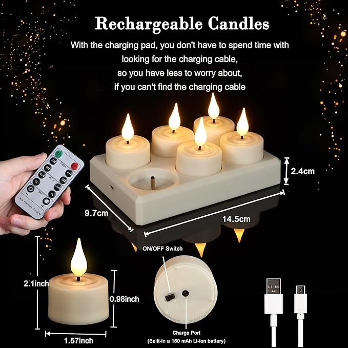 Daord Flameless Rechargeable Tea Lights with Remote Timer Battery Operated Realistic LED TeaLight for Home Wedding Table Halloween Centerpieces Decor (6pcs,with Charging Station)