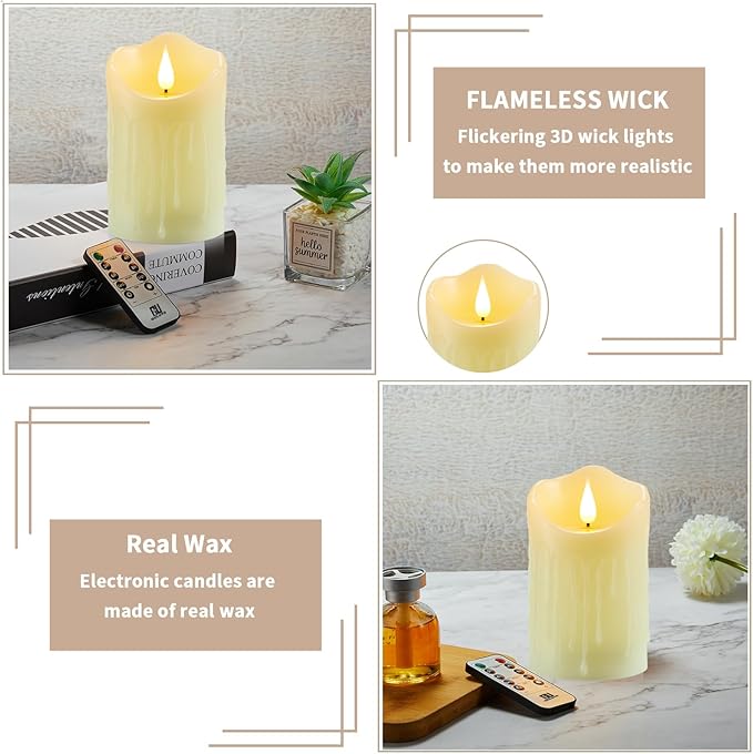 Flameless Candles with Rechargeable Battery, Flickering Candles with Remote and Timer, led Pillar Candles Real Wax Wick, Led Candles for Home, Wedding, Halloween, Christmas, Party 3" x 6"