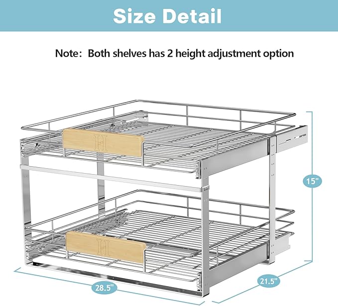 LOVMOR 2 Tier Pull Out Cabinet Organizer 28½" W x 21½" D, Slide Out Drawers with Wooden Handle, Sliding Shelves Organization and Storage for Kitchen, Pantry