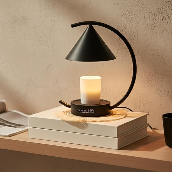 bamboo&life®Moonlit TouchOn Candle Warmer,Eco-Luxury 5-Pc Gift Set incl. Fringe Mat&Wax Dish,Authentic Japan Design,Touch Dimmer,Real Bamboo Base,UL&ETL Certified,US Brand,Birthday&Housewarming Gift