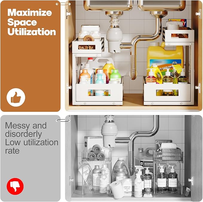 2-Pack Under Sink Organizers and Storage,2-Tier L Shape Pull Out Cabinet Organizer With Round Tube Slide Rails,Hight Adjustable Slide Out Drawers for Kitchen&Bathroom,Multi-Purpose Storage Shelf-White