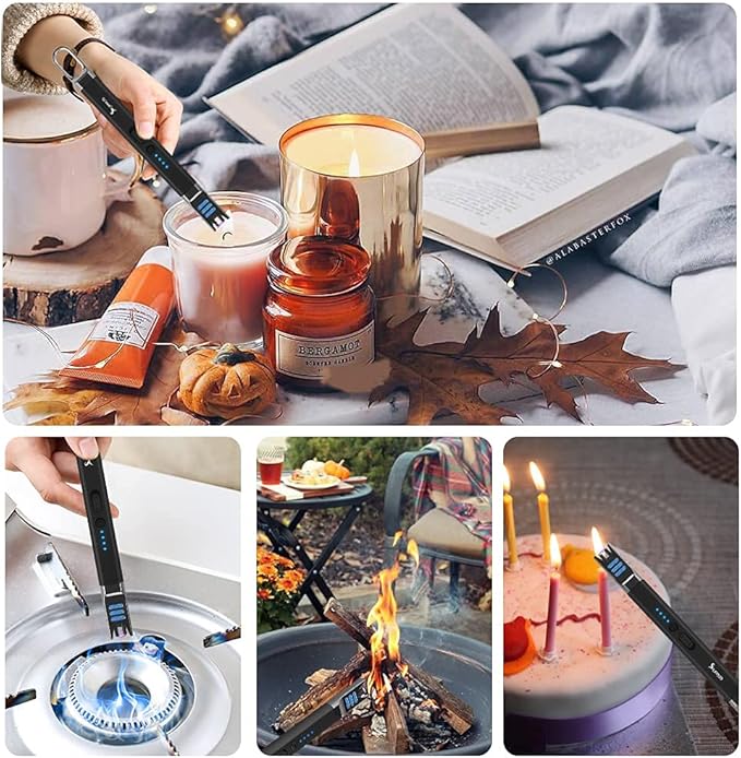 SUPRUS Candle Electric Arc Lighter Windproof Flameless USB Rechargeable Lighter with LED Light for Candle Camping BBQ Cooking (Black)