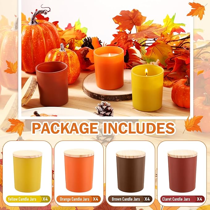 Ziliny 16 Pcs Winter Candle Jars for Making Empty Candle Vessels Bulk 7 oz Glass Jars with Bamboo Lids Tins for Making Storing Biscuits Tea Party Favors
