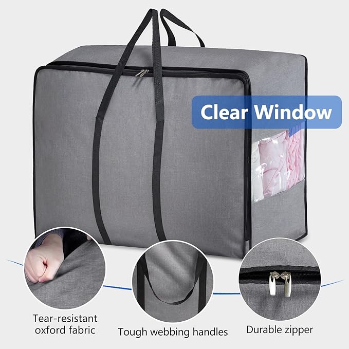 MISSLO Thick Over Size Storage Bag, Folding Organizer Bag, Under Bed Storage, College Carrying Bag for Bedding Comforters, Blanket, Clothes (Grey)