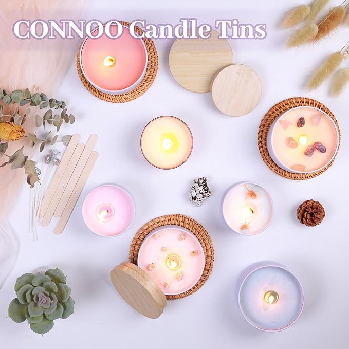 CONNOO 24-Pack Candle Tins - 12x 8oz & 12x 4oz Matte White Containers with Wick Kit and Wood Lids, for Candle Making, Storage, and Gifting
