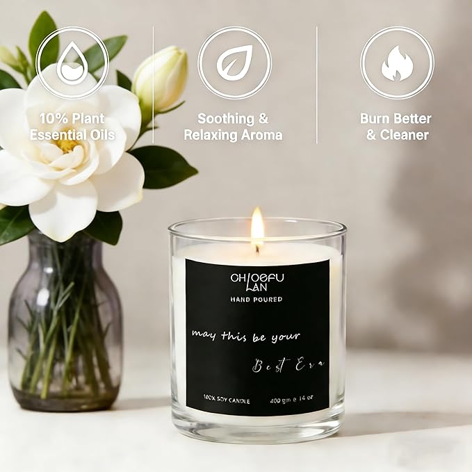 Chloefu LAN Inspirational Motivational Candles, May This Be Your Best Era, Gardenia Candle for Home Decor, Housewarming & Celebration Gifts, Self-Care & Milestone Gifts, Highly Scented