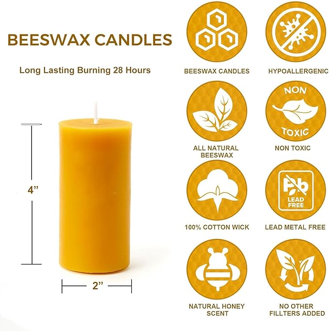 100% Pure Natural Beeswax Pillar Candles-28 Hours Long Burning Time Emergency Beeswax Candles | Organic Bees Wax for Home, Prayer, Christmas, Party | Unscented, Smokeless, Dripless 1 Pack (2×4 inch)