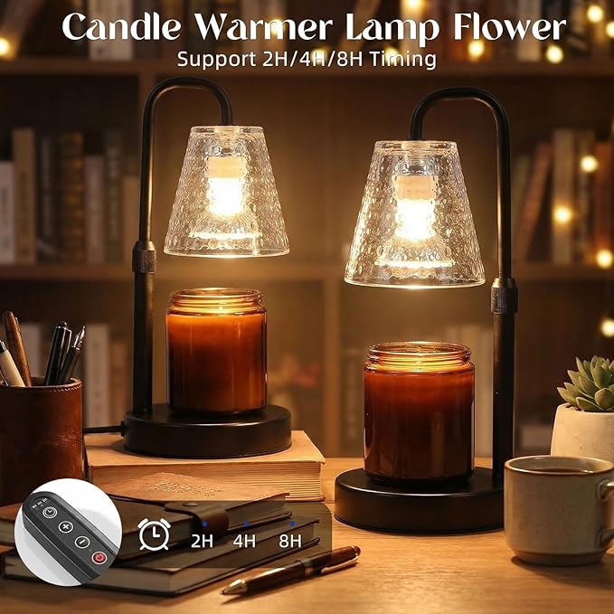 Glimra 2 Pack Candle Warmer Lamp with Timer,Dimmable Adjustable Height Candle Heater Birthday Gifts for Women Mom Sister Friends,House Warming Gifts New Home Candle Lamp Warmer with 4 Bulbs