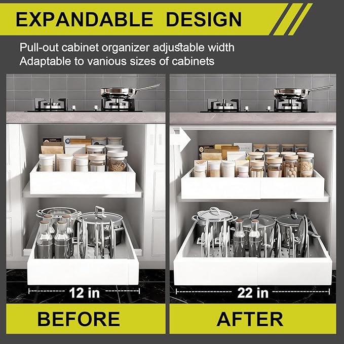 4-Pack Expandable Pull Out Cabinet Organizer 21" Deep with 3 Slide Rails, Adjustable Width (12"-22") Drawer Organizer for Kitchen Pantry Base Cabinets, Fixed with Roll Out Shelves Adhesive, White