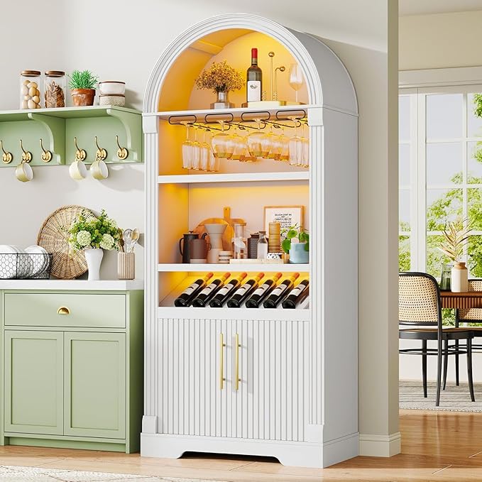Vlsrka 71" Tall Arched Kitchen Pantry Cabinets, Wood Kitchen Storage Cabinets/Arched Bookshelf/Bookcase,China Cabinet with Open & Adjustable Shelves, Induction LED Light (White A)