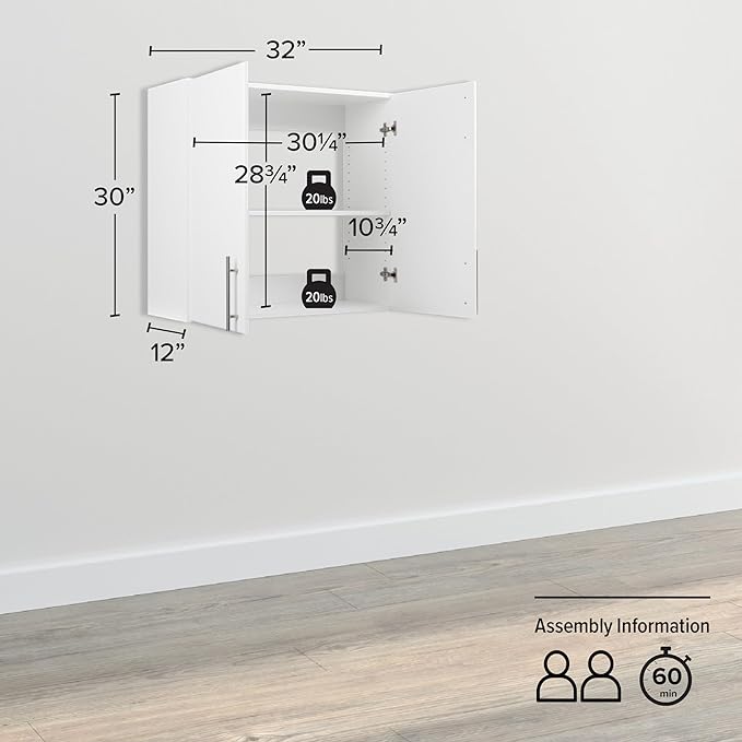 Prepac Elite 32" Wall Cabinet, White Storage Cabinet, Bathroom Cabinet, Pantry Cabinet with 1 Adjustable Shelf 12" D x 32" W x 30" H, WEW-3230