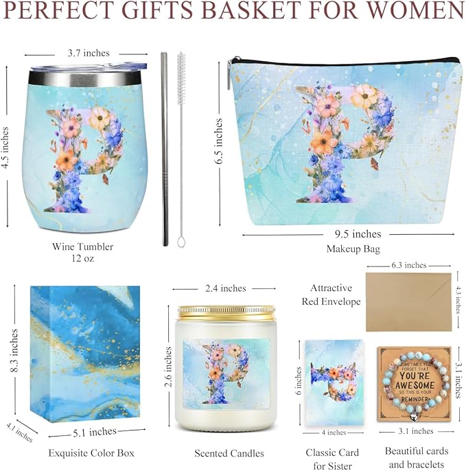 Personalized Gifts for Women Monogrammed Birthday Gifts for Women, Wife Girlfriend Wedding Christmas, Initial Wine Tumbler Makeup Bag Scented Candle Bracelet Set, (Aesthetic Blue Flower P)