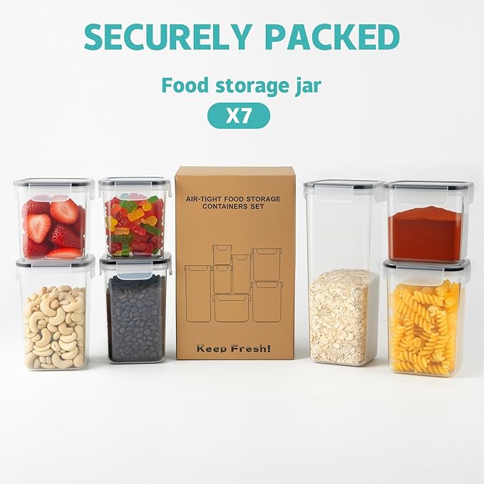 Airtight Food Storage Containers with Lids, 7 PCS BPA Free Kitchen Canisters for Spaghetti, Pasta, Dry Food, Flour and Sugar, Plastic Canisters for Pantry Organization and Storage