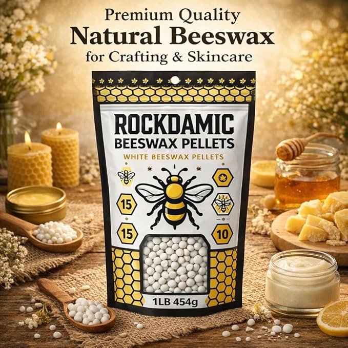 Rockdamic Natural White Beeswax Pellets 1lb - (454g) Organic Wax for Skin, Lip Balm, Lotion Making - Pure Pastilles, Unscented Beads for Candles, Salves, Soap, and Cosmetics - Bulk Melting Pellets