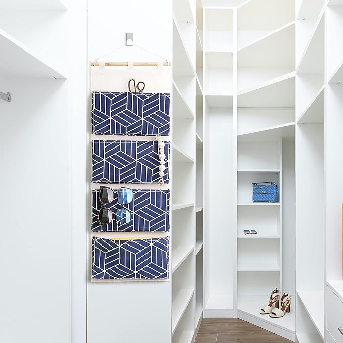 CROWNED 2Pcs Over Door Hanging Storage Bags Wall Mount Closet Organizer, 4 Big Pockets Linen Cotton Fabric Multi Functional Living Room Bedroom Bathroom File Magazine Waterproof Free Hooks Navy