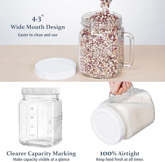 Folinstall 74 oz/2160 ml Glass Jar with Lid, Wide Mouth Airtight Glass Storage Jar, Quart Pantry Organization Mason Jar For Fridge, Food Storage Container For Sugar, Flour, Pickle, Coffee, Candy