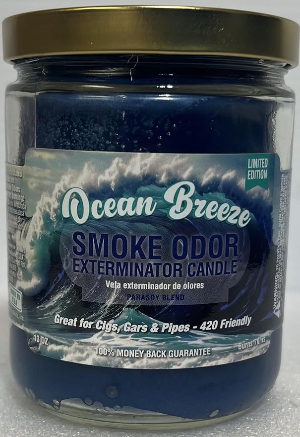 Smoke Odor Exterminator 13 oz Jar Candles Blue Serenity, Assortment (8) Includes Blue Serenity, Winter Wind, Ocean Breeze, Nag Champa, Bamboo Breeze, Island Rain, Sea Glass & Sandalwood.
