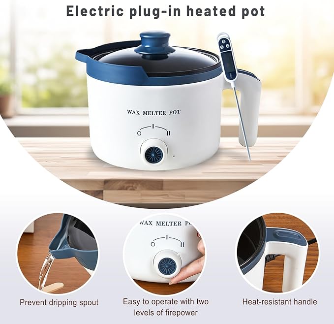 KQU Wax Melting Pot with Thermometer, Electric Wax Melter for Candle Making with Spout, Small Double Boiler Pot Set for Beginner Adults