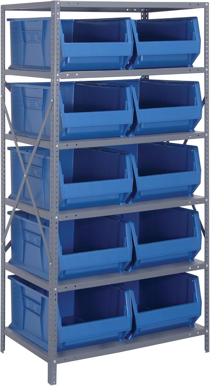 Quantum Storage Systems 2475-954BL Solid Heavy Duty 6 Shelves 10 HULK Blue Bins 75" H x 36" W x 24" D