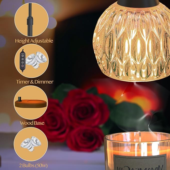 Candle Warmer, Candle Warmer Lamp with Timer/Dimmer,Wax Melt Warmer for Bedroom décor, Gift for Mom, Height Adjustable to Fit Large Yankee Candle Jars, 2X 50W Bulbs