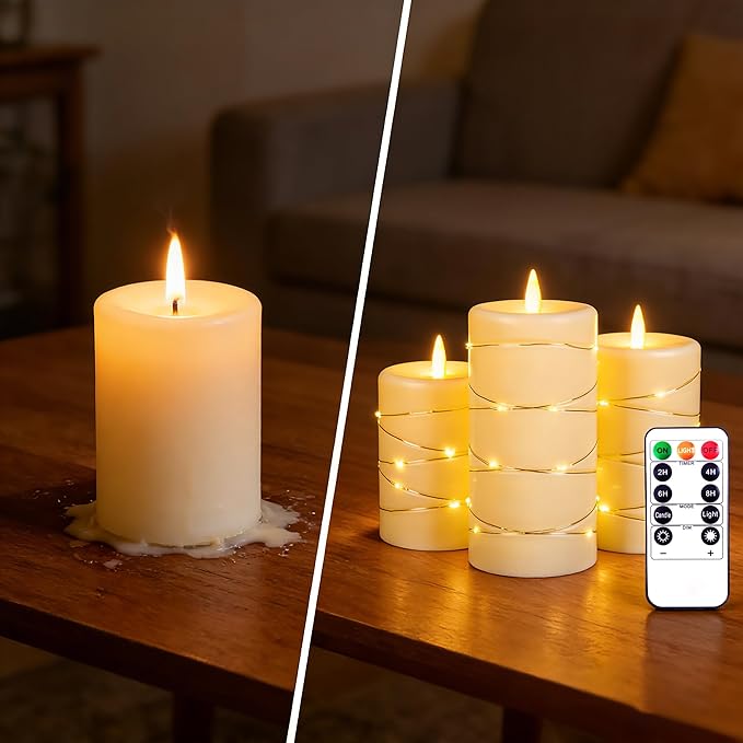 HaitanghuaFlickering flameless Candles, Battery-Powered, with String Lights, Remote Control, Timer, Realistic Plastic Pillar Candles, Ivory White, Set of 3,Durable and Long-Lasting
