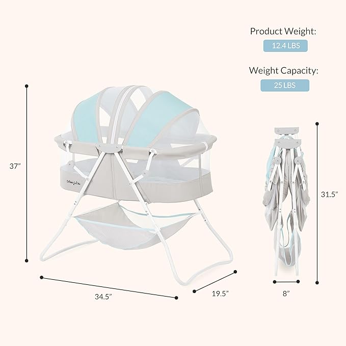 Dream On Me Karley Bassinet, Award Winner Lightweight Travel Baby Bassinet, Foldable Bedside Sleeper, Adjustable Double Canopy, Spacious Design, Soft Fabric, Storage Basket – Blue and Grey