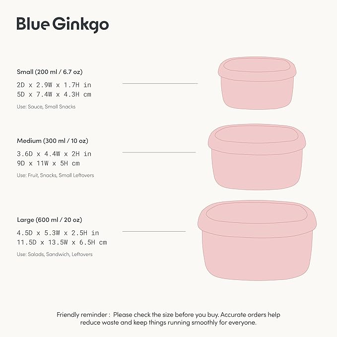 BLUE GINKGO Nesting Silicone Containers - Set of 3 Hard-Shell Silicone Food Storage Containers | BPA Free, Airtight, Dishwasher and Freezer Safe (6.7oz, 10oz, 20oz) - Pink