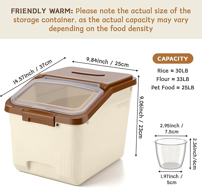 Blushtier 4 Pack Large Rice Storage Containers 30 Lbs Airtight Flour Container with Seal Locking Lid and Measuring Cup Kitchen Dry Food Storage Bins for Cereal Sugar Beans(Khaki)