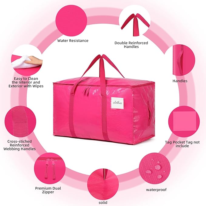 Moving Bags Heavy Duty Hot Pink – Large Packing Bags for Moving, Extra Large Storage Totes with Zippers and Handles
