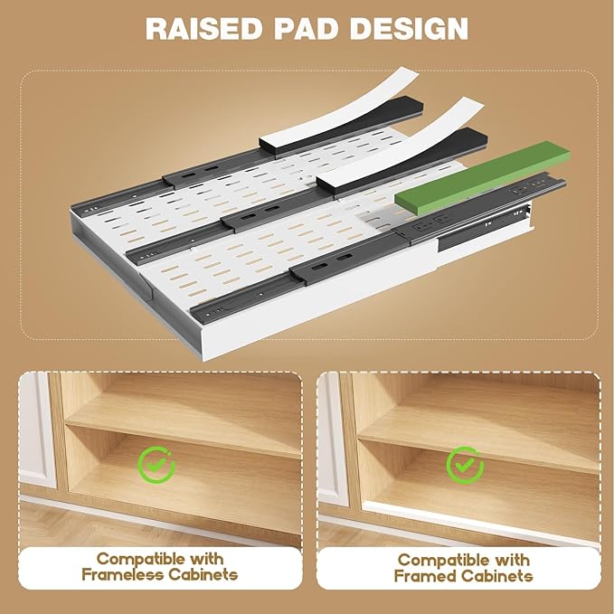 2 Pack Pull Out Cabinet Organizer With Raising Pad for Framed Cabinets,Expandable Width (11"-16") and Depth (17"-24"),3 Slide Rails Slide Out Drawers with Handle,No-Drill Roll Out Shelf,White