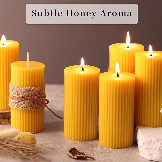 DEVI 6 Pack Pure Beeswax Pillar Candles Bulk-210 Hours, Organic Bees Wax Candles for Home Decor-1.96x3.85 Inch, Unscented Natural Bees Wax Pillar Bulk Candles for Thanksgiving Party
