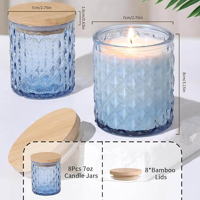 MATAHUM 8 Pack Blue Candle Jars for Making Candles, 7 OZ Empty Glass Candle Making Jars with Bamboo Lids for Candle Making Supplies, Candle Containers Vessels for Home DIY Decoration