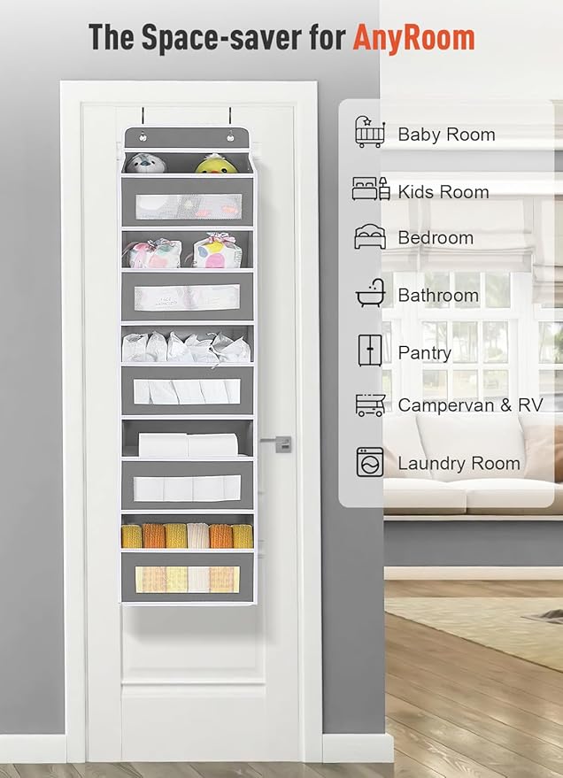 Over The Door Organizer Storage, 5 Shelf Hanging Door Organizer with 10 Large Capacity Pockets, Anti Tilt 44 lb Load Behind Door Storage for Bedroom, Bathroom, Pantry, Nursery, (Grey)