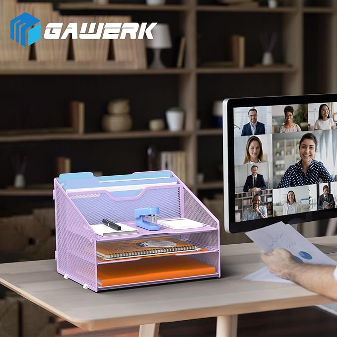 GAWERK Letter Tray Organizer, Mesh Desk File Organizer with 3 Paper Trays and 2 Vertical Upright Section (Purple)