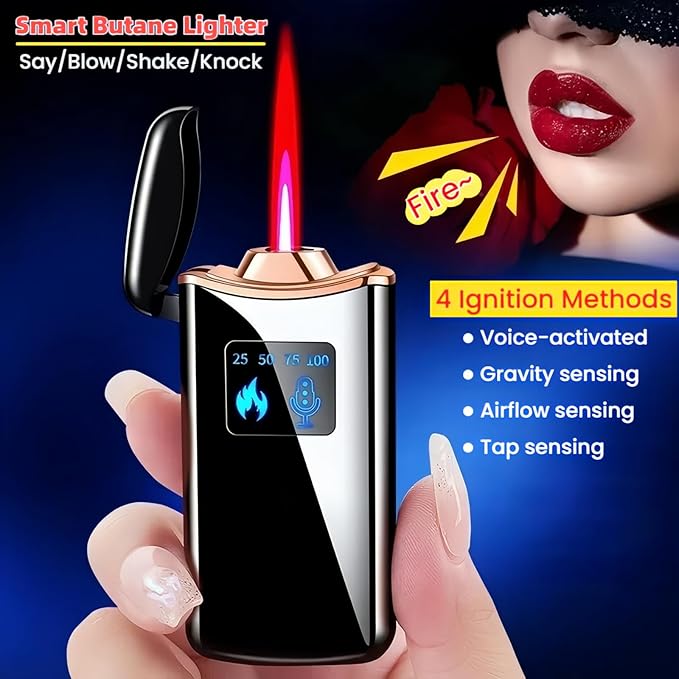 Smart Butane Lighter, Voice-Activated Sensor Torch Lighter with 4 Ignition Modes, Windproof Red Flame Refillable Lighters (Without Fuel) (Black Ice)