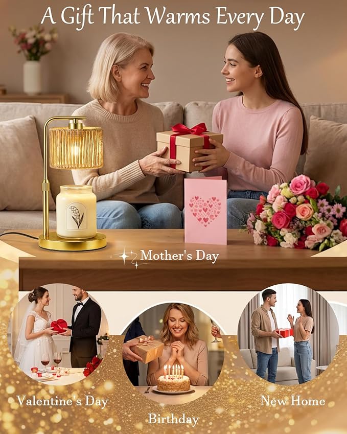 Candle Warmer Lamp, Timer Dimmable Candle Lamp, Adjustable Height and Brightness Gold Candle Warmer, Boho Rattan Lampshade and 2 Bulbs, Suitable for Home Decor, Birthday Gifts for Women Mom