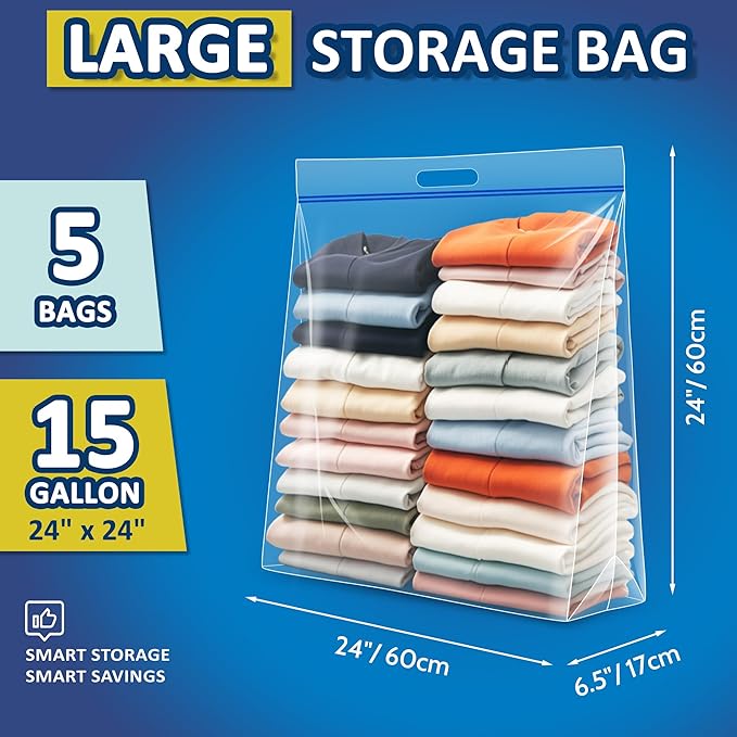 15 Gallon Large Resealable Storage Bags with Zipper Top，24" x 24" Heavy Duty Clear Bags with Handles, 4 Mil Thick, Perfect for Clothing, Pillows, Travel, and Moving (5 Packs)